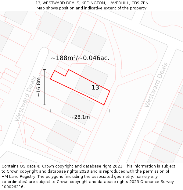 13, WESTWARD DEALS, KEDINGTON, HAVERHILL, CB9 7PN: Plot and title map