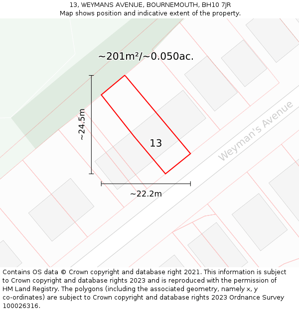 13, WEYMANS AVENUE, BOURNEMOUTH, BH10 7JR: Plot and title map