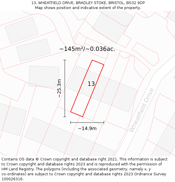 13, WHEATFIELD DRIVE, BRADLEY STOKE, BRISTOL, BS32 9DP: Plot and title map