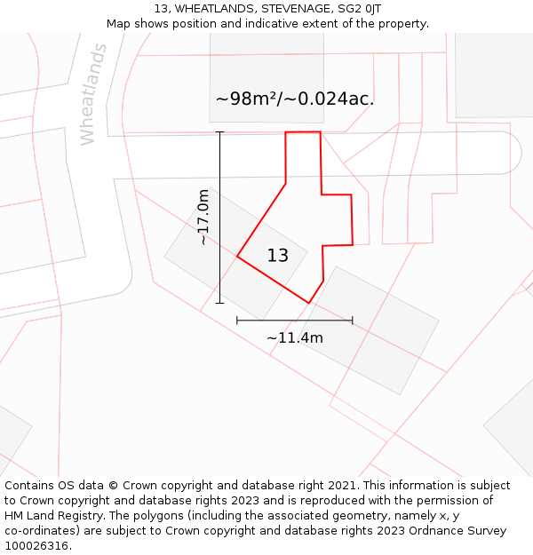 13, WHEATLANDS, STEVENAGE, SG2 0JT: Plot and title map