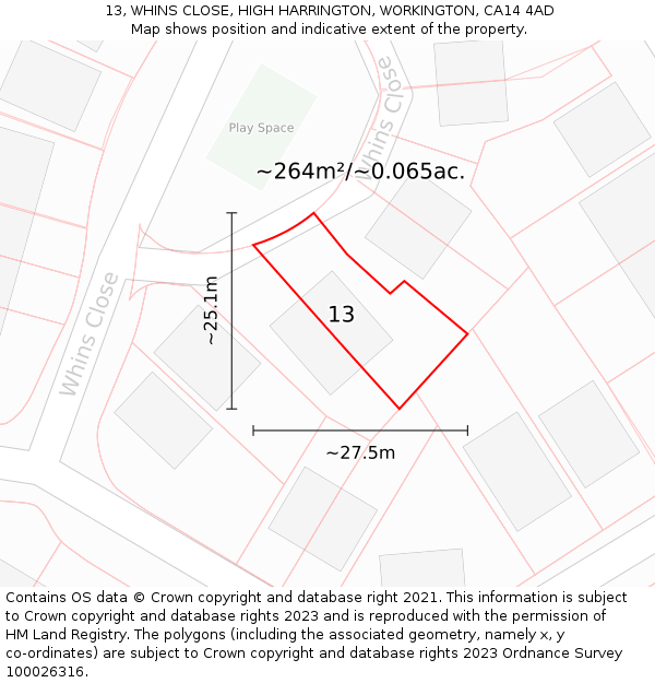 13, WHINS CLOSE, HIGH HARRINGTON, WORKINGTON, CA14 4AD: Plot and title map