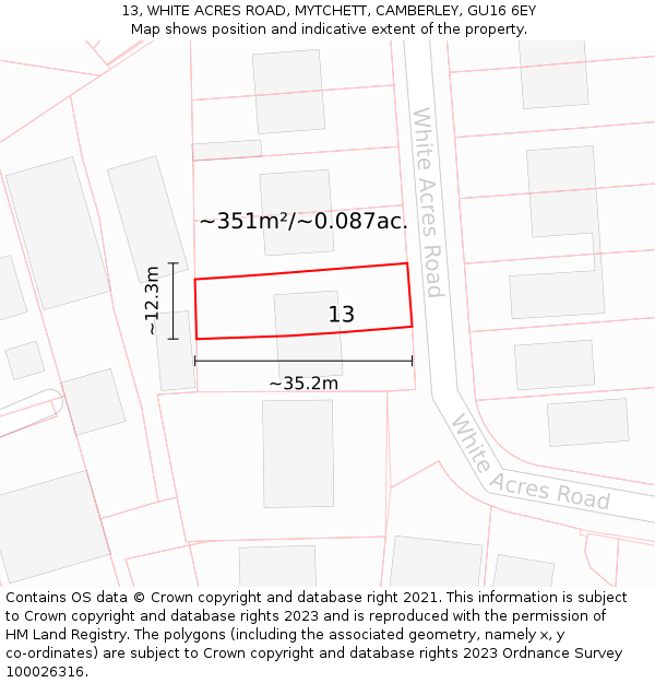 13, WHITE ACRES ROAD, MYTCHETT, CAMBERLEY, GU16 6EY: Plot and title map