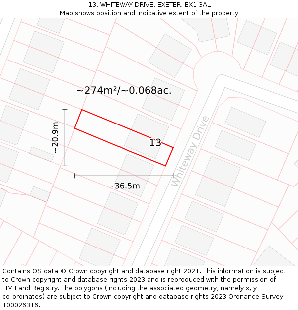 13, WHITEWAY DRIVE, EXETER, EX1 3AL: Plot and title map