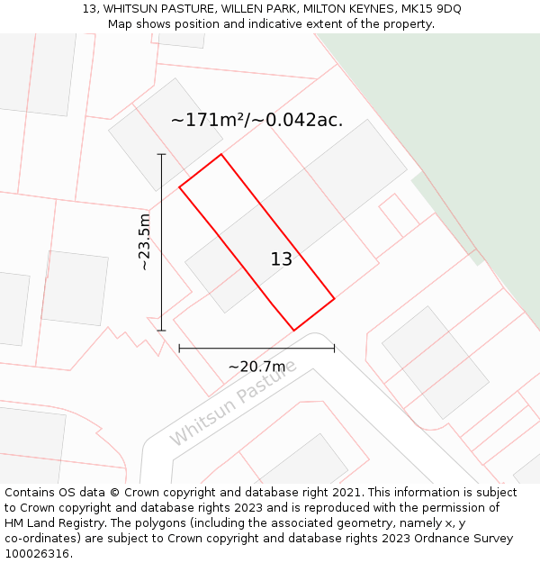 13, WHITSUN PASTURE, WILLEN PARK, MILTON KEYNES, MK15 9DQ: Plot and title map