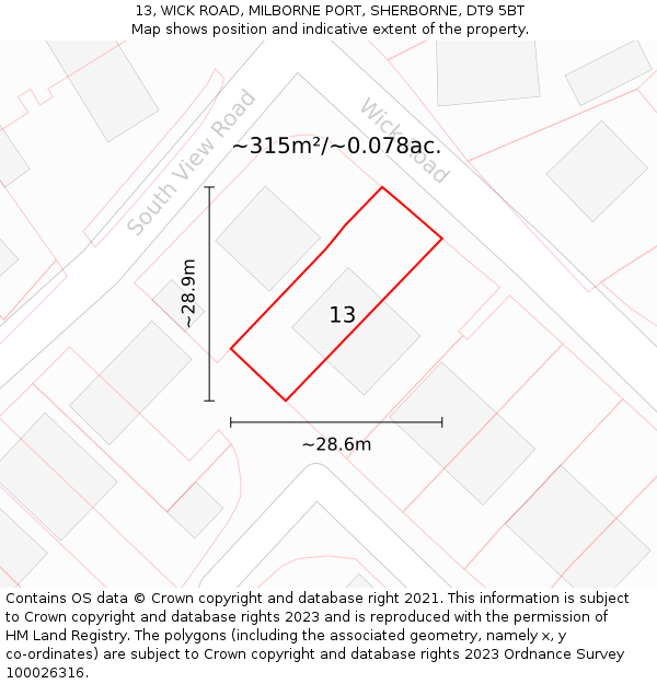 13, WICK ROAD, MILBORNE PORT, SHERBORNE, DT9 5BT: Plot and title map