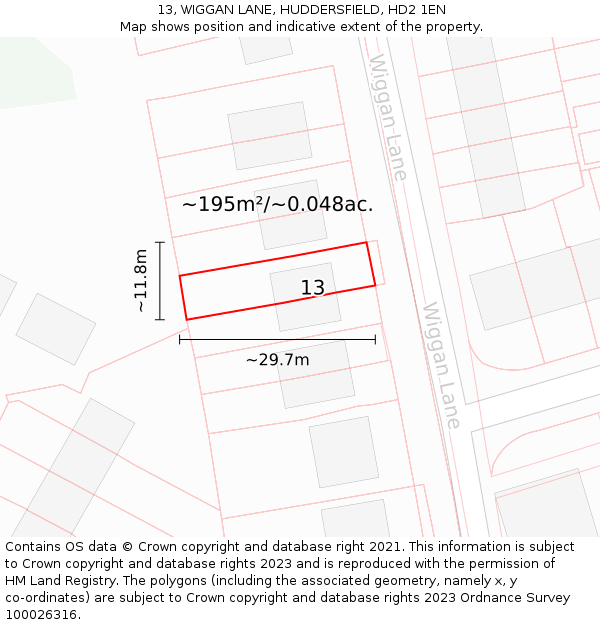 13, WIGGAN LANE, HUDDERSFIELD, HD2 1EN: Plot and title map