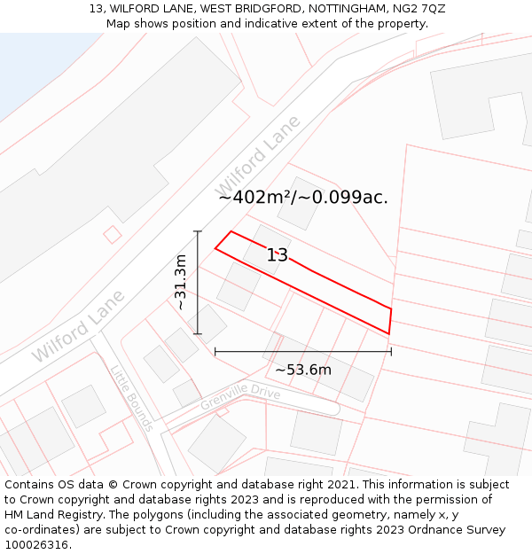 13, WILFORD LANE, WEST BRIDGFORD, NOTTINGHAM, NG2 7QZ: Plot and title map