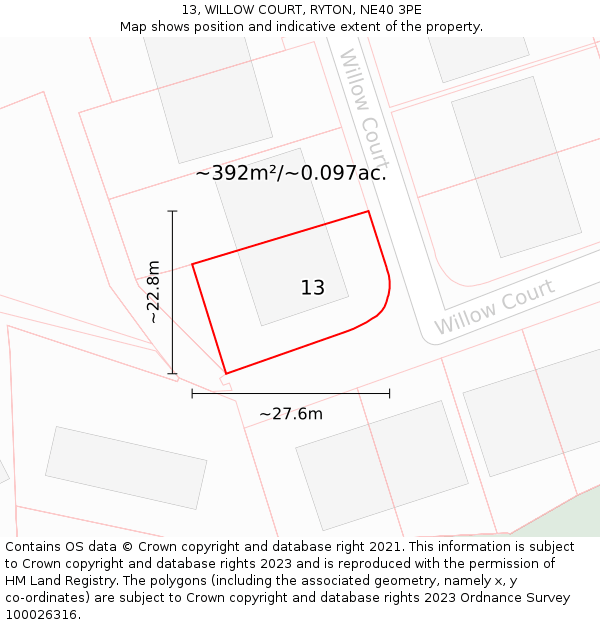 13, WILLOW COURT, RYTON, NE40 3PE: Plot and title map