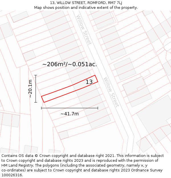 13, WILLOW STREET, ROMFORD, RM7 7LJ: Plot and title map