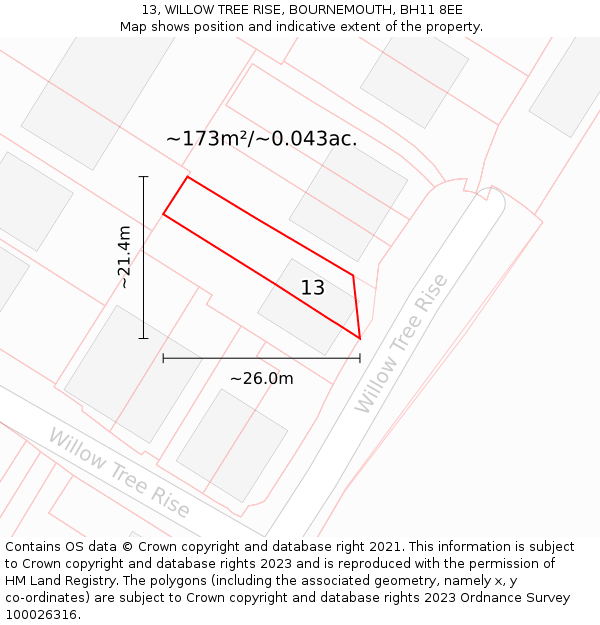 13, WILLOW TREE RISE, BOURNEMOUTH, BH11 8EE: Plot and title map