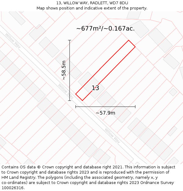 13, WILLOW WAY, RADLETT, WD7 8DU: Plot and title map