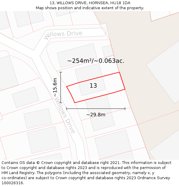 13, WILLOWS DRIVE, HORNSEA, HU18 1DA: Plot and title map