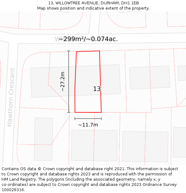 13, WILLOWTREE AVENUE, DURHAM, DH1 1EB: Plot and title map