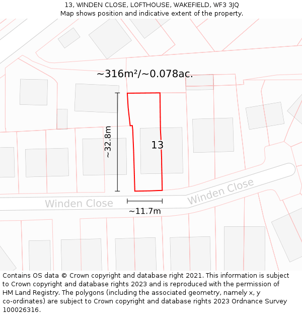 13, WINDEN CLOSE, LOFTHOUSE, WAKEFIELD, WF3 3JQ: Plot and title map