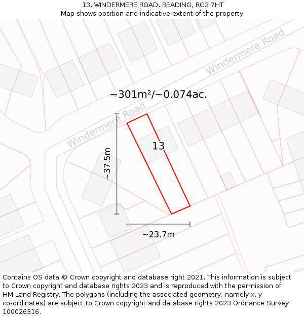 13, WINDERMERE ROAD, READING, RG2 7HT: Plot and title map