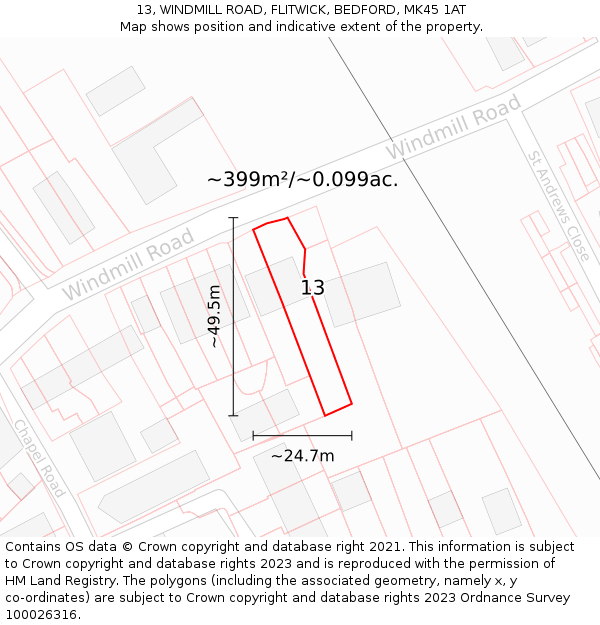 13, WINDMILL ROAD, FLITWICK, BEDFORD, MK45 1AT: Plot and title map