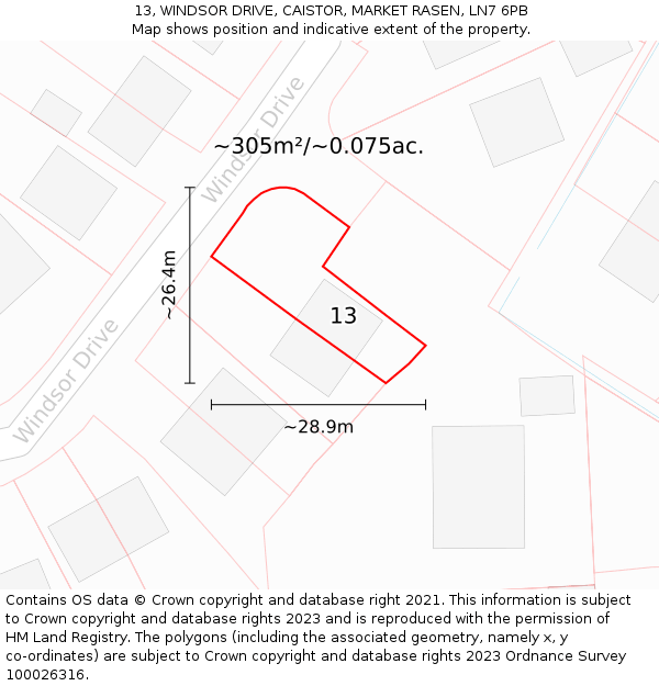 13, WINDSOR DRIVE, CAISTOR, MARKET RASEN, LN7 6PB: Plot and title map