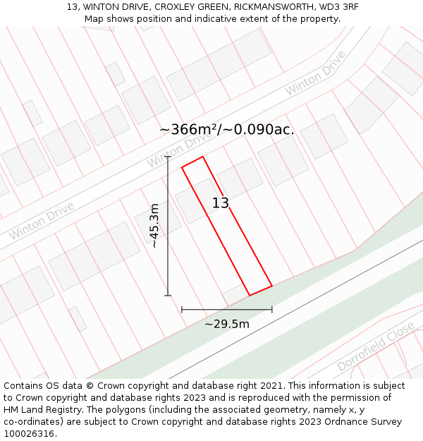13, WINTON DRIVE, CROXLEY GREEN, RICKMANSWORTH, WD3 3RF: Plot and title map