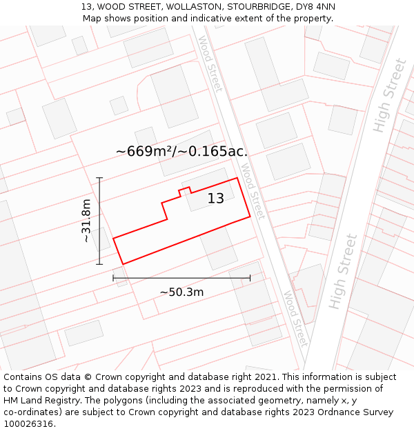 13, WOOD STREET, WOLLASTON, STOURBRIDGE, DY8 4NN: Plot and title map