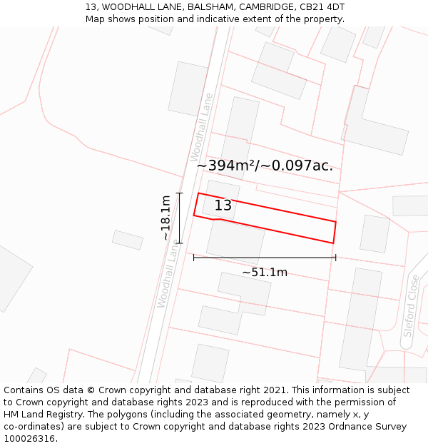 13, WOODHALL LANE, BALSHAM, CAMBRIDGE, CB21 4DT: Plot and title map