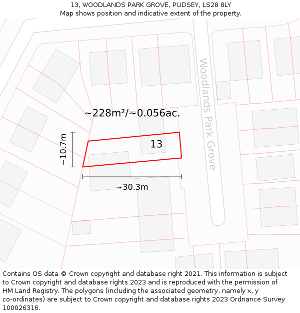 13, WOODLANDS PARK GROVE, PUDSEY, LS28 8LY: Plot and title map