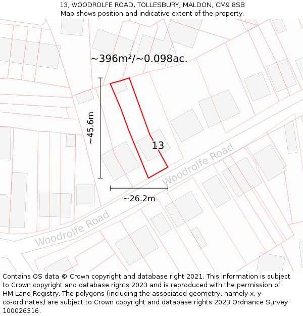 13, WOODROLFE ROAD, TOLLESBURY, MALDON, CM9 8SB: Plot and title map