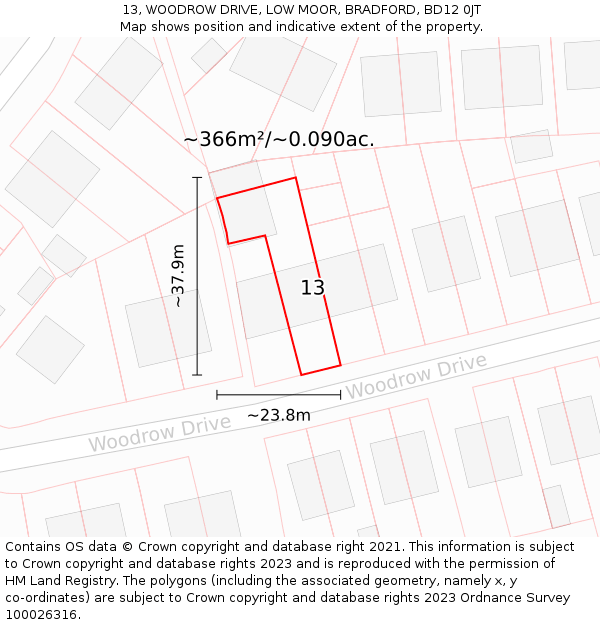 13, WOODROW DRIVE, LOW MOOR, BRADFORD, BD12 0JT: Plot and title map