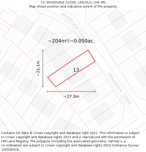 13, WOODVALE CLOSE, LINCOLN, LN6 3RL: Plot and title map