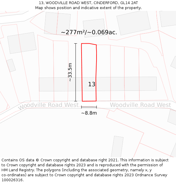 13, WOODVILLE ROAD WEST, CINDERFORD, GL14 2AT: Plot and title map