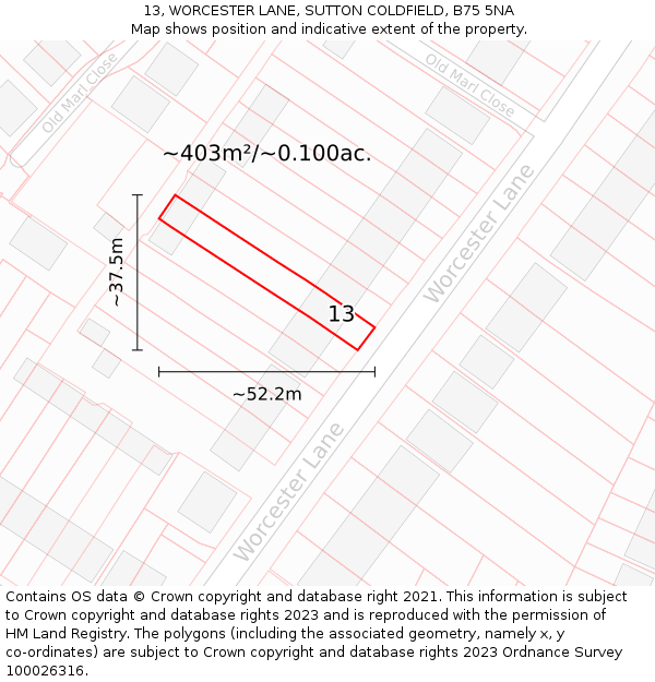 13, WORCESTER LANE, SUTTON COLDFIELD, B75 5NA: Plot and title map