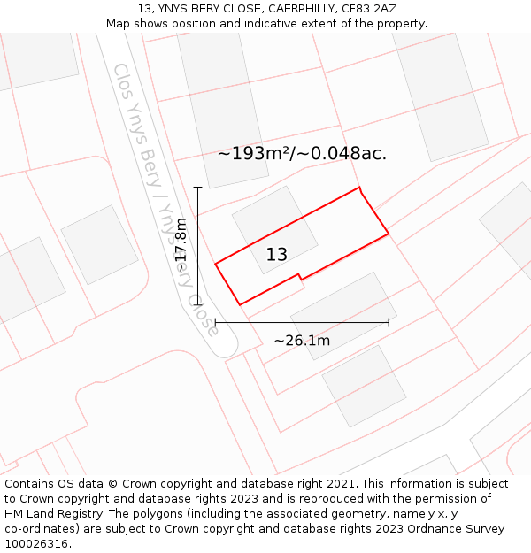 13, YNYS BERY CLOSE, CAERPHILLY, CF83 2AZ: Plot and title map