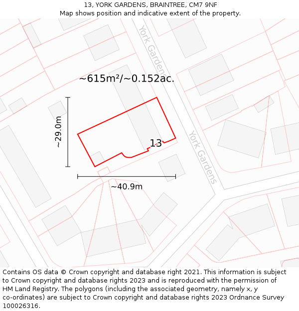 13, YORK GARDENS, BRAINTREE, CM7 9NF: Plot and title map