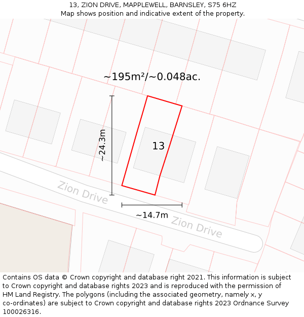 13, ZION DRIVE, MAPPLEWELL, BARNSLEY, S75 6HZ: Plot and title map