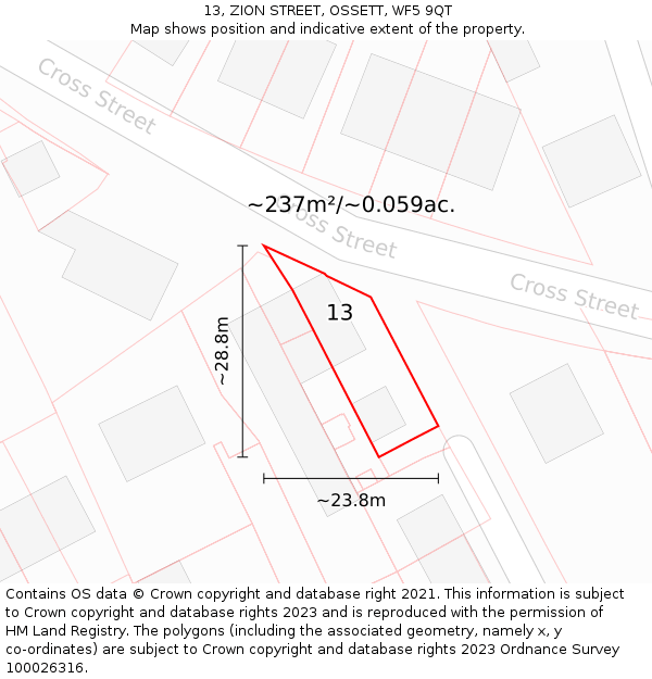 13, ZION STREET, OSSETT, WF5 9QT: Plot and title map