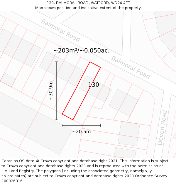 130, BALMORAL ROAD, WATFORD, WD24 4ET: Plot and title map