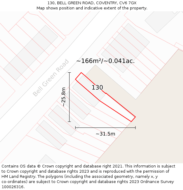 130, BELL GREEN ROAD, COVENTRY, CV6 7GX: Plot and title map