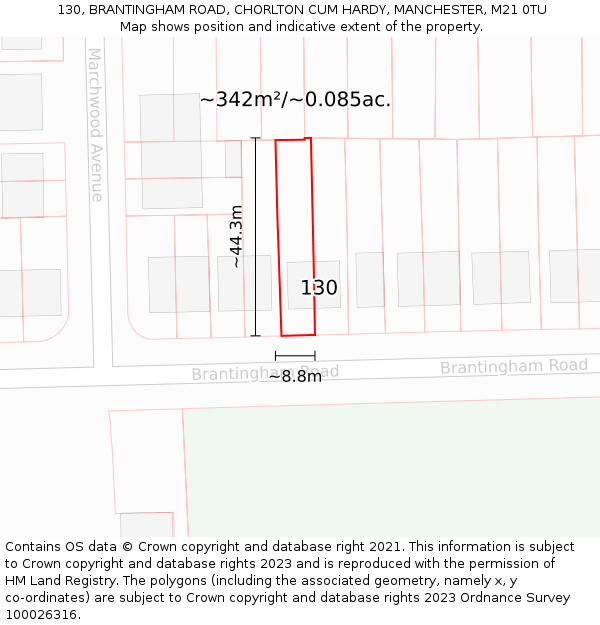 130, BRANTINGHAM ROAD, CHORLTON CUM HARDY, MANCHESTER, M21 0TU: Plot and title map