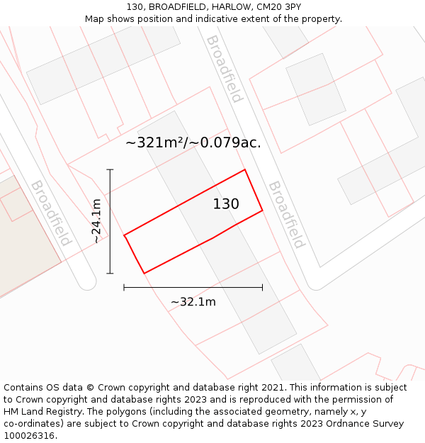 130, BROADFIELD, HARLOW, CM20 3PY: Plot and title map