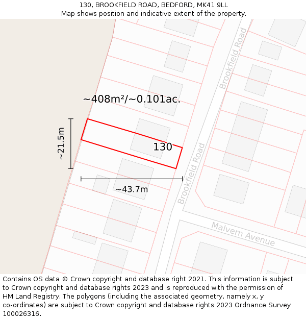 130, BROOKFIELD ROAD, BEDFORD, MK41 9LL: Plot and title map