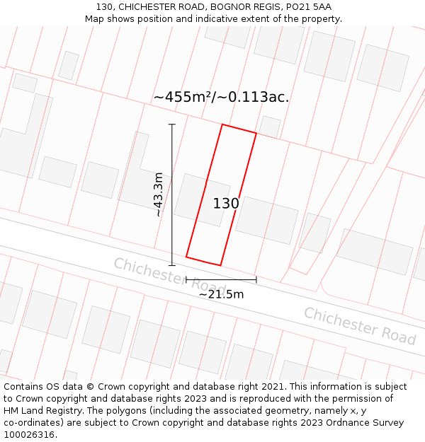 130, CHICHESTER ROAD, BOGNOR REGIS, PO21 5AA: Plot and title map