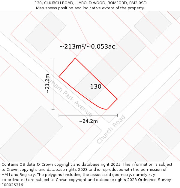 130, CHURCH ROAD, HAROLD WOOD, ROMFORD, RM3 0SD: Plot and title map