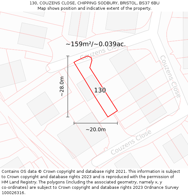 130, COUZENS CLOSE, CHIPPING SODBURY, BRISTOL, BS37 6BU: Plot and title map