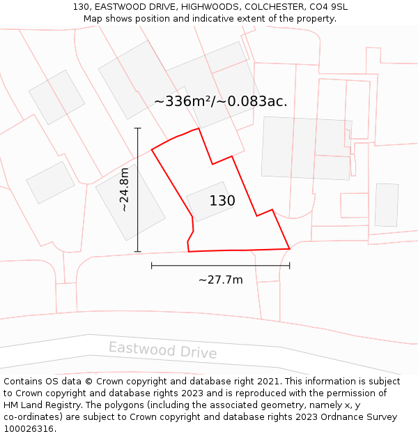 130, EASTWOOD DRIVE, HIGHWOODS, COLCHESTER, CO4 9SL: Plot and title map