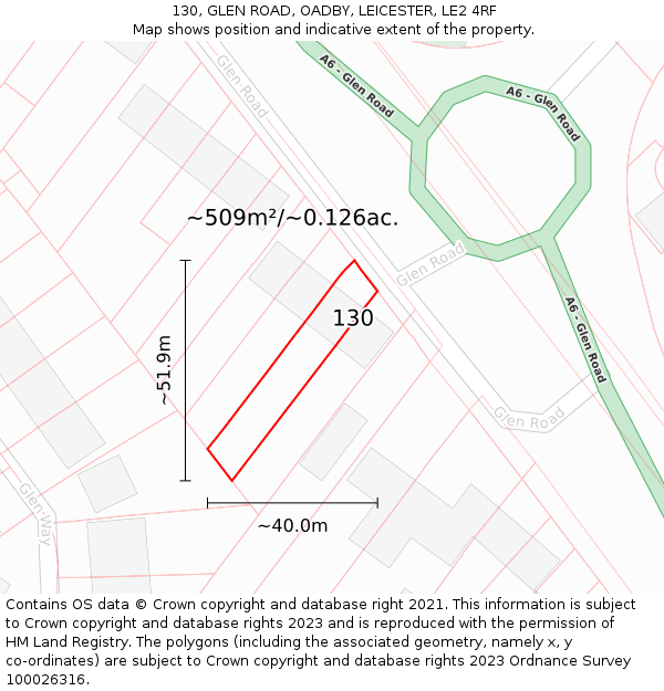 130, GLEN ROAD, OADBY, LEICESTER, LE2 4RF: Plot and title map