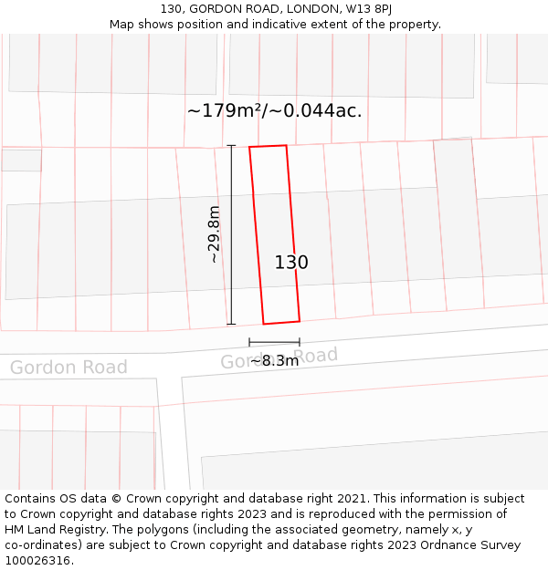 130, GORDON ROAD, LONDON, W13 8PJ: Plot and title map