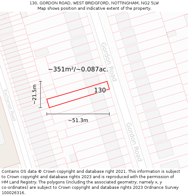 130, GORDON ROAD, WEST BRIDGFORD, NOTTINGHAM, NG2 5LW: Plot and title map