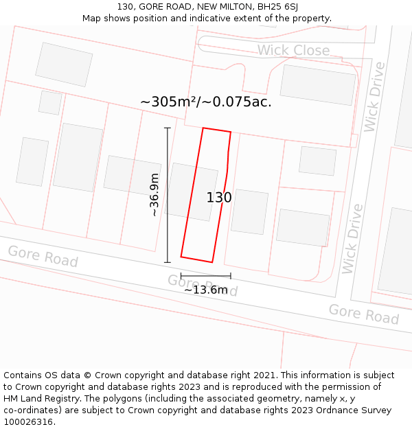 130, GORE ROAD, NEW MILTON, BH25 6SJ: Plot and title map