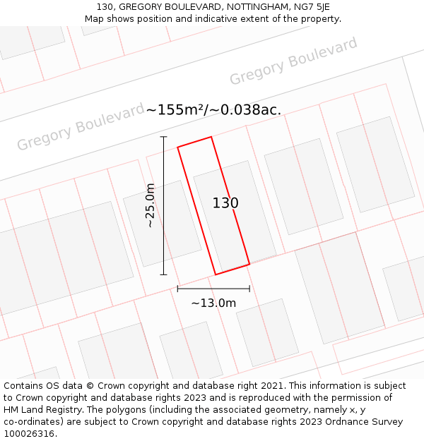 130, GREGORY BOULEVARD, NOTTINGHAM, NG7 5JE: Plot and title map