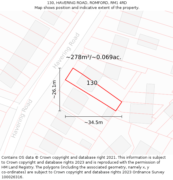 130, HAVERING ROAD, ROMFORD, RM1 4RD: Plot and title map