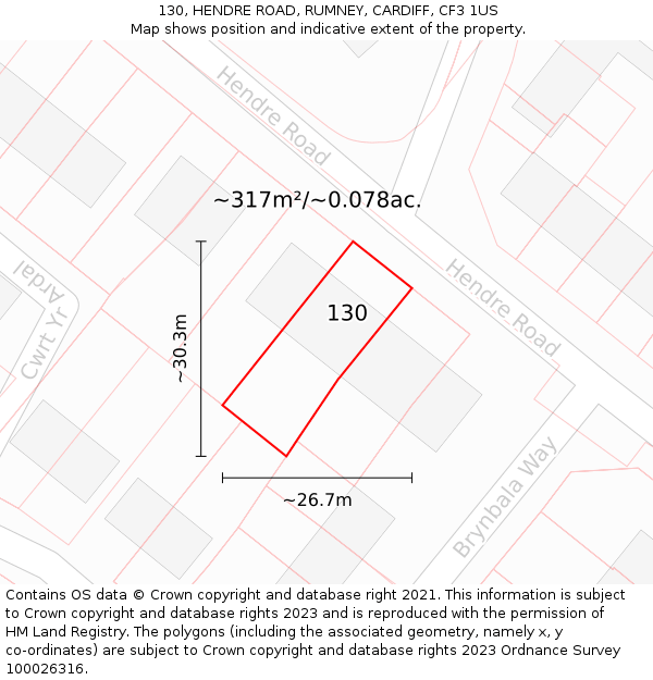 130, HENDRE ROAD, RUMNEY, CARDIFF, CF3 1US: Plot and title map